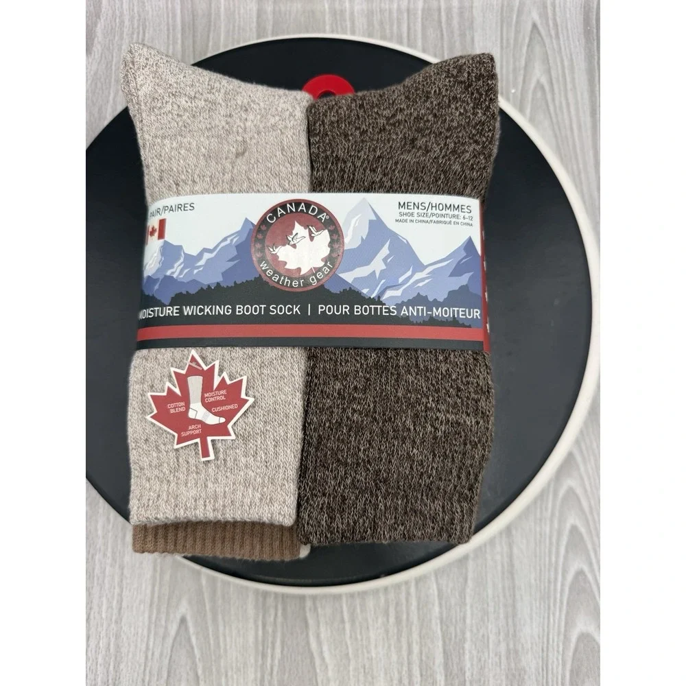 Canada Weather Gear 6-Pair Mens Size 6-12 Brown Moisture Wicking Boot Socks NEW